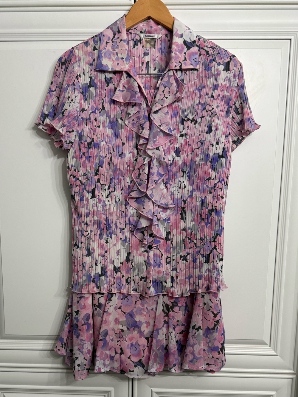 VTG TanJay 2pc Ruffle Pleated Skirt Set Floral Pink Purple Top Sz 12 Skirt Sz 14